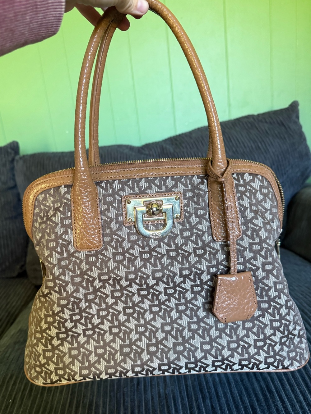 DKNY brown monogram print satchel bag